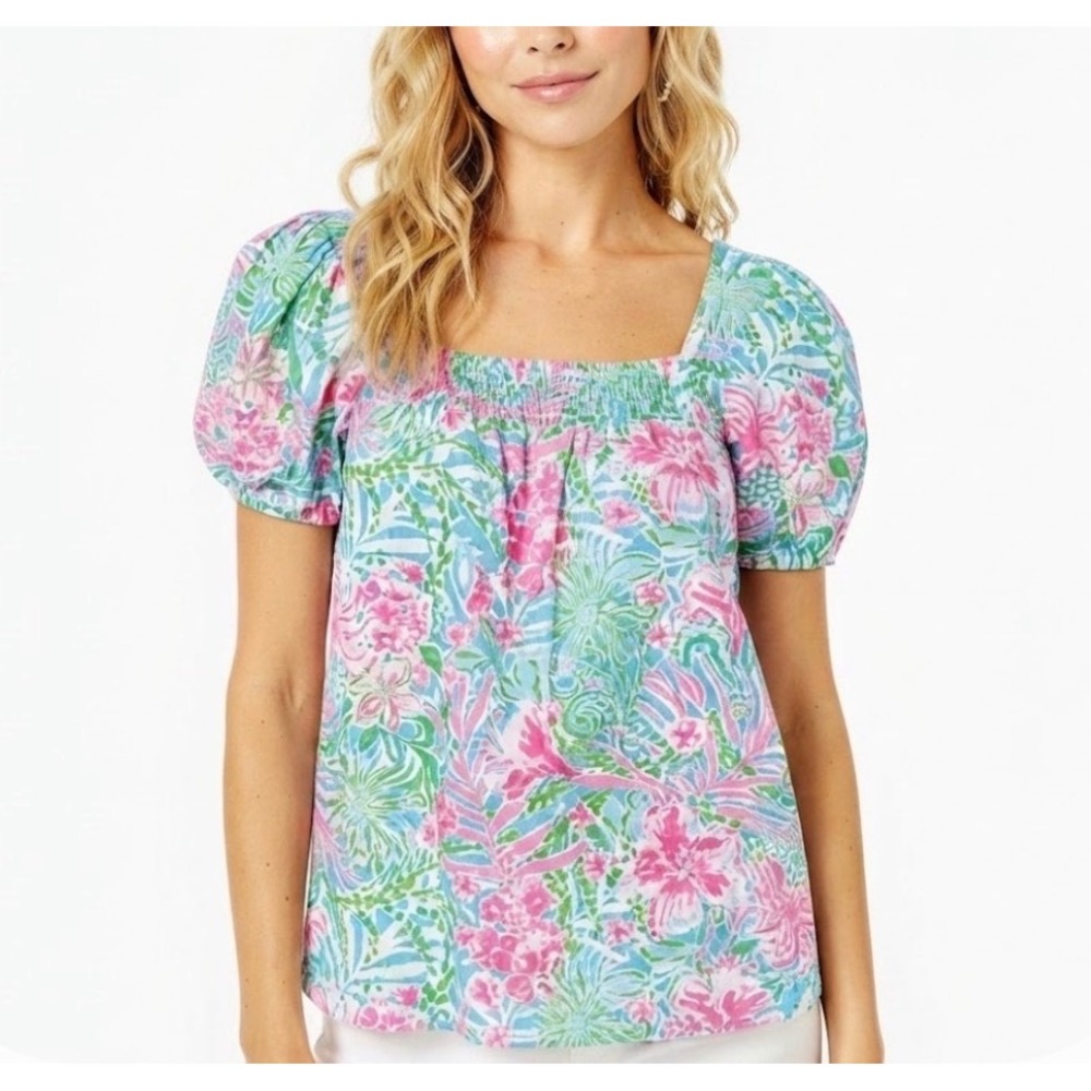 Lilly Pulitzer Amalfi Blue Leaf It Wild Smocked Linen Puff Sleeve Top Size 0